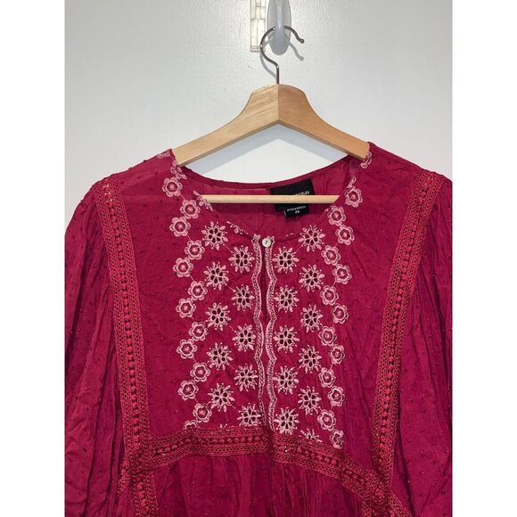 LIV Los Angeles Burgundy Elastic Sleeve Embroidered Boho Blouse Women's Size 2X - Picture 5 of 9